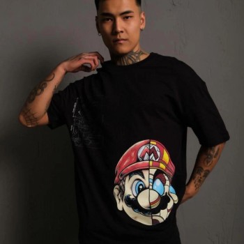 Erkek Mario Baskılı T-Shirt Oversize Kısa kol Bisiklet yaka tişort - Siyah